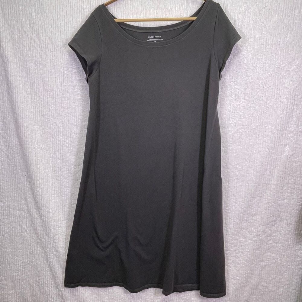 Eileen Fisher Black Stretchy Organic Cotton Blend Jersey Knit Mini Dress Large